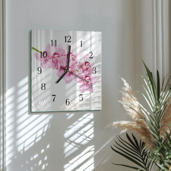 Vierkante glazen wandklok Orchidee