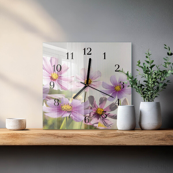 Vierkante glazen wandklok Bloemen