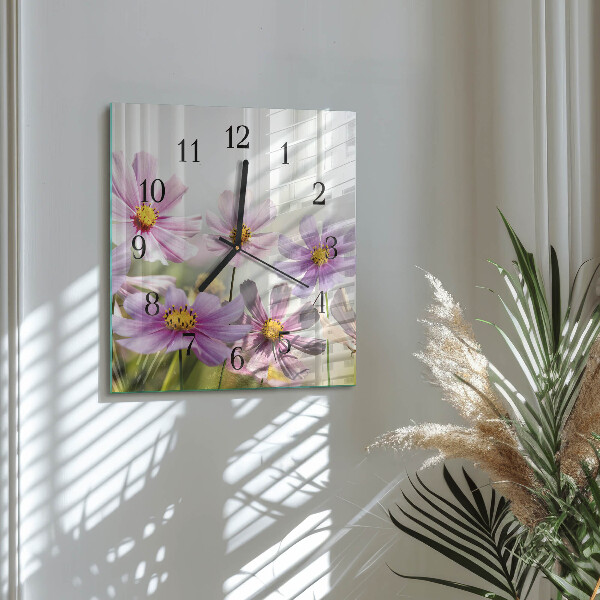 Vierkante glazen wandklok Bloemen