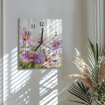 Vierkante glazen wandklok Bloemen