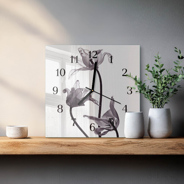 Vierkante glazen wandklok Bloemen