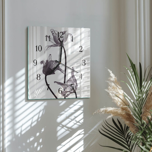 Vierkante glazen wandklok Bloemen
