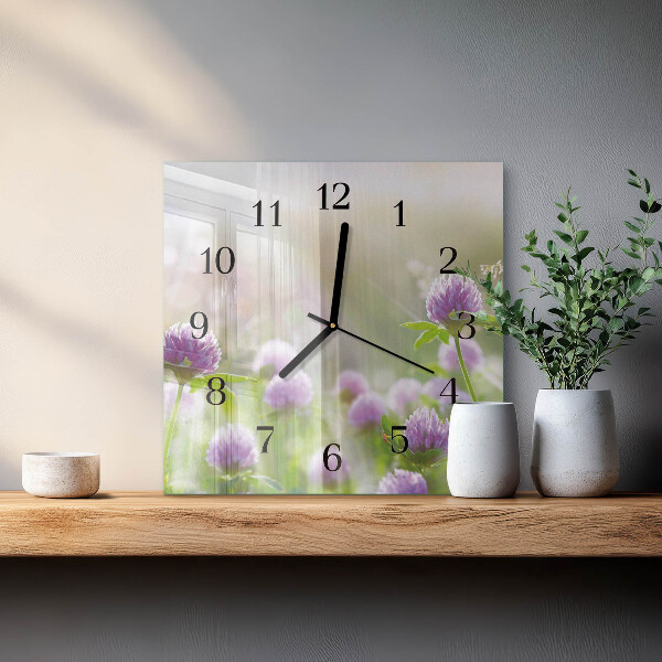 Vierkante glazen wandklok Bloemen