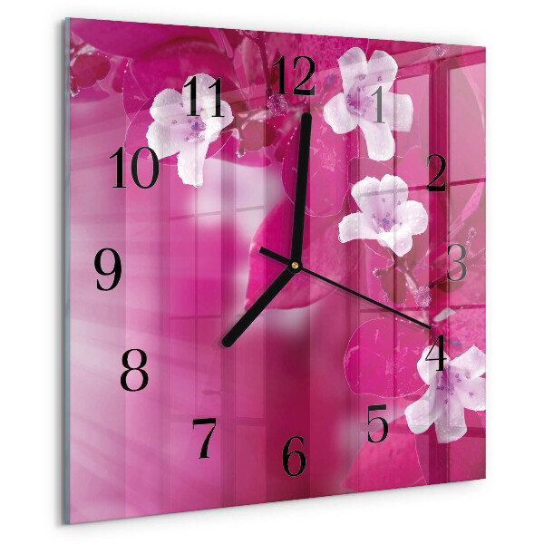 Vierkante glazen wandklok Bloemen