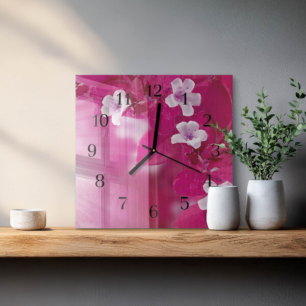 Vierkante glazen wandklok Bloemen