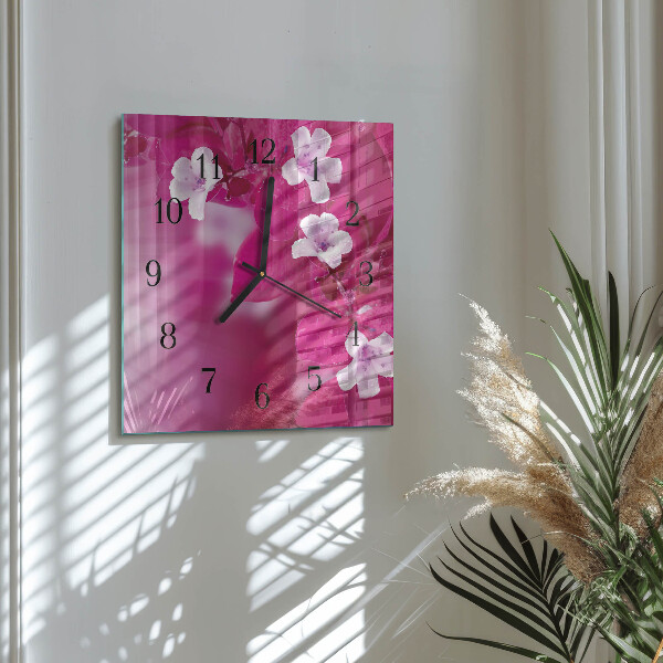 Vierkante glazen wandklok Bloemen