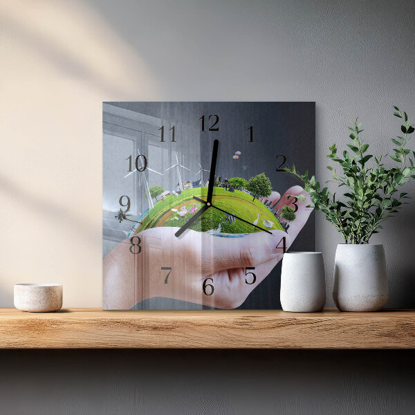 Vierkante glazen wandklok Hand Aarde