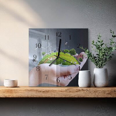 Vierkante glazen wandklok Hand Aarde