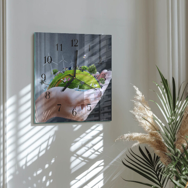 Vierkante glazen wandklok Hand Aarde