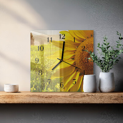 Vierkante glazen wandklok Zonnebloem