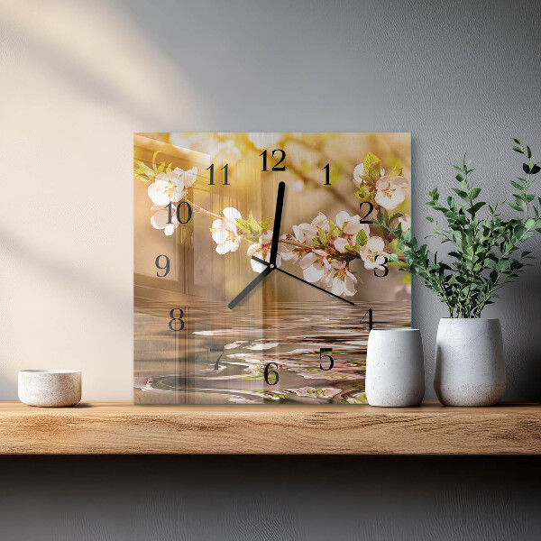 Vierkante glazen wandklok Bloemen