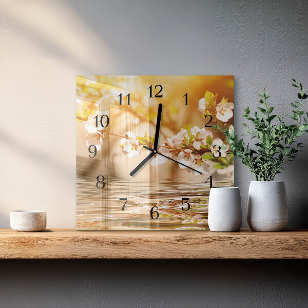 Vierkante glazen wandklok Bloemen