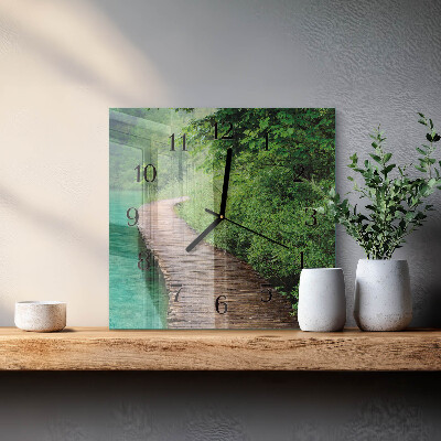 Vierkante glazen wandklok Houten loopbrug
