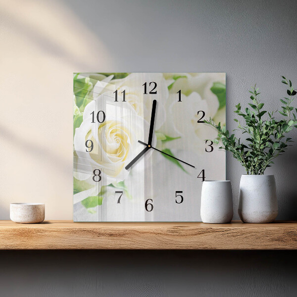 Vierkante glazen wandklok Rozen