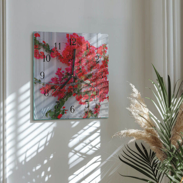 Vierkante glazen wandklok Bloemen