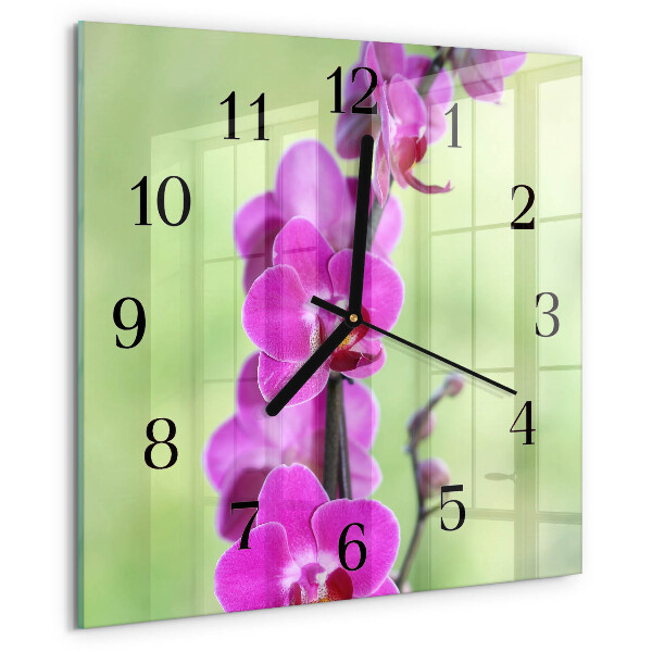Vierkante glazen wandklok Orchidee