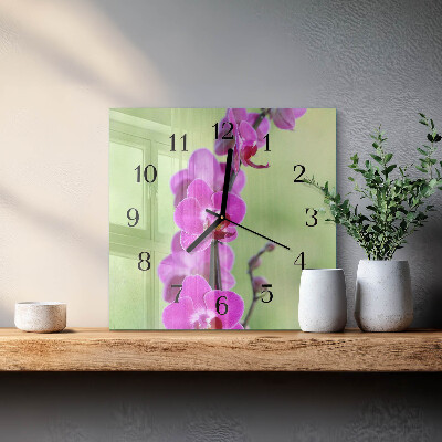 Vierkante glazen wandklok Orchidee