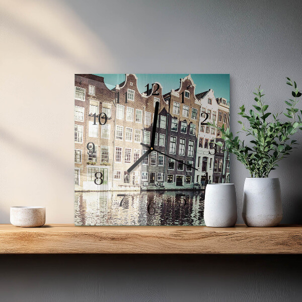 Vierkante glazen wandklok Huizen