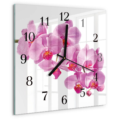 Vierkante glazen wandklok Orchidee