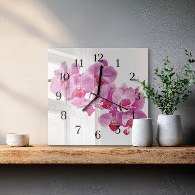 Vierkante glazen wandklok Orchidee
