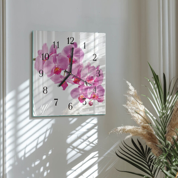 Vierkante glazen wandklok Orchidee