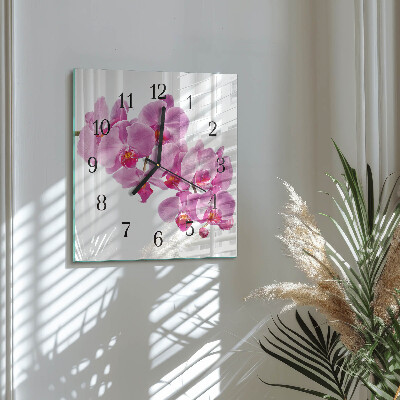 Vierkante glazen wandklok Orchidee