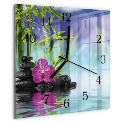 Vierkante glazen wandklok Spa Orchid