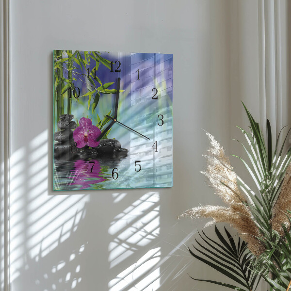 Vierkante glazen wandklok Spa Orchid