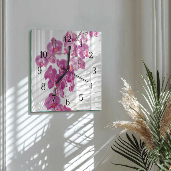 Vierkante glazen wandklok Orchidee