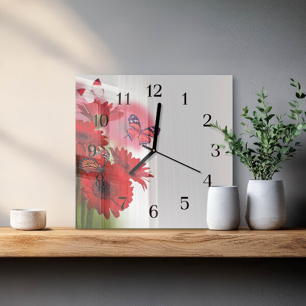 Vierkante glazen wandklok Gerbera