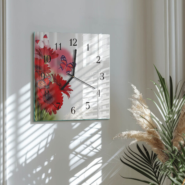 Vierkante glazen wandklok Gerbera