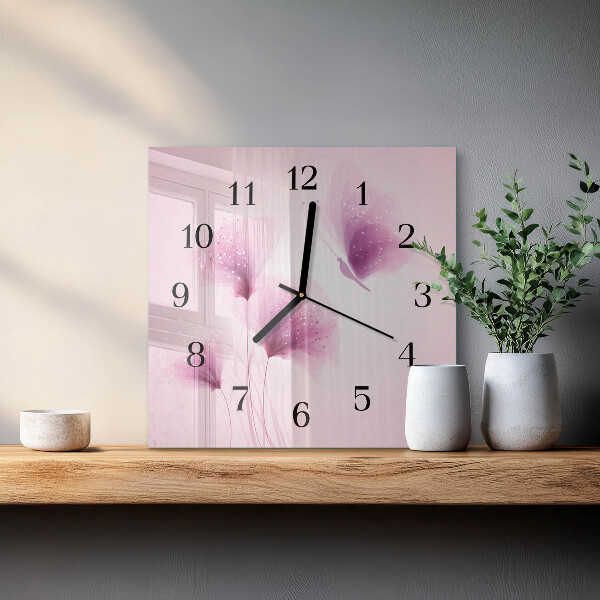 Vierkante glazen wandklok Bloemen