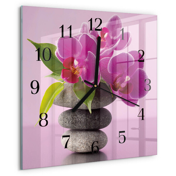 Vierkante glazen wandklok Orchidee
