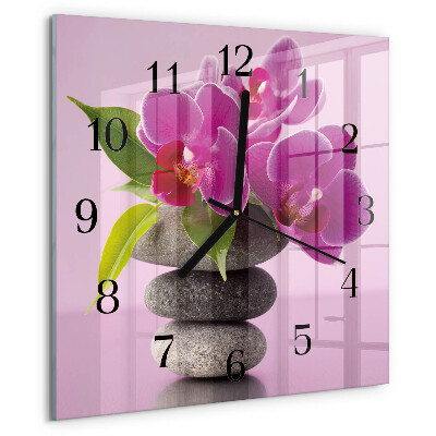 Vierkante glazen wandklok Orchidee