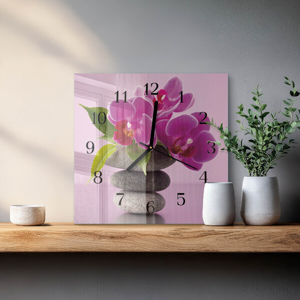 Vierkante glazen wandklok Orchidee