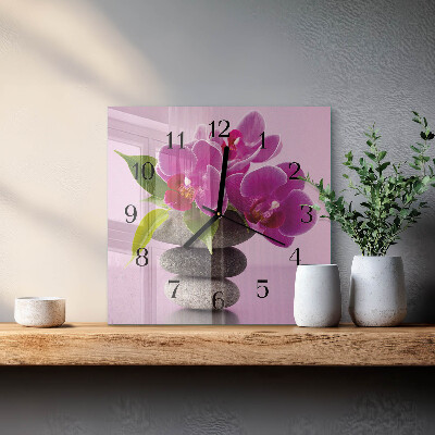 Vierkante glazen wandklok Orchidee