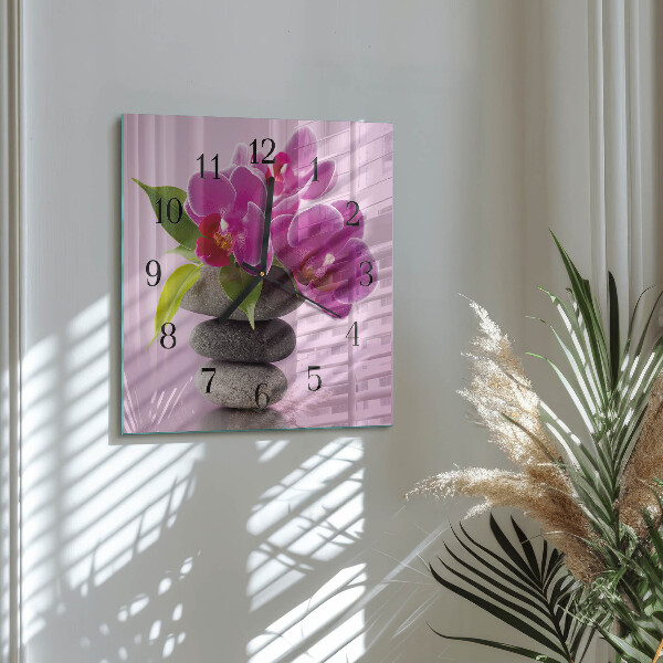 Vierkante glazen wandklok Orchidee