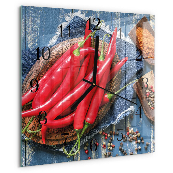 Vierkante glazen wandklok Chilipeper
