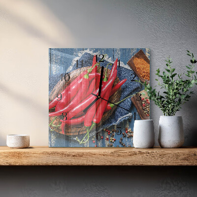 Vierkante glazen wandklok Chilipeper