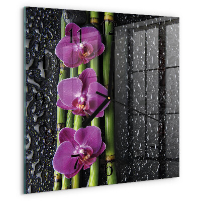 Vierkante glazen wandklok Orchidee