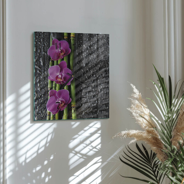 Vierkante glazen wandklok Orchidee