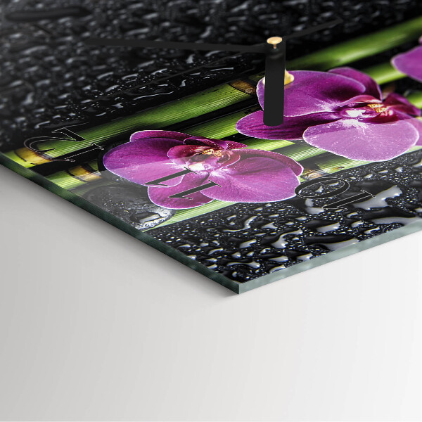 Vierkante glazen wandklok Orchidee