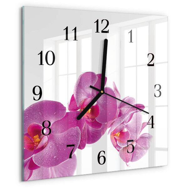 Vierkante glazen wandklok Orchidee