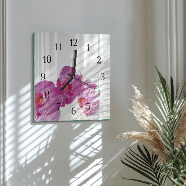 Vierkante glazen wandklok Orchidee