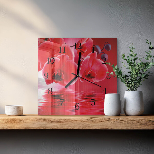 Vierkante glazen wandklok Orchidee