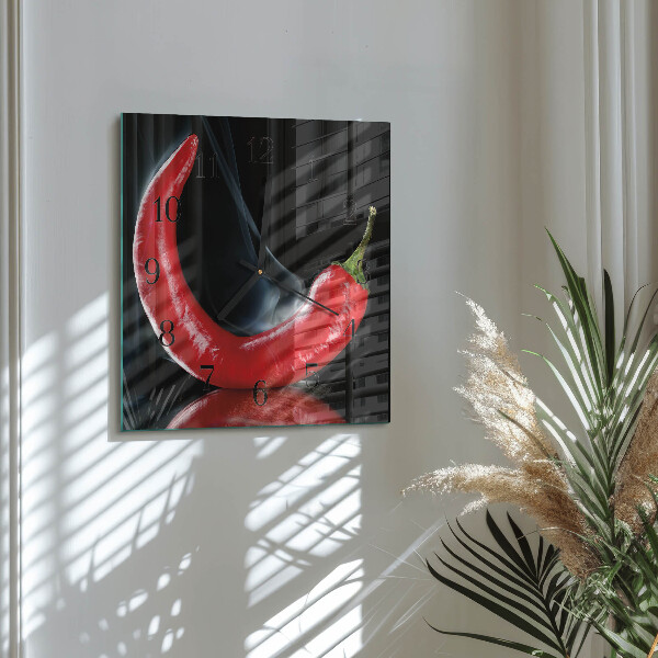 Vierkante glazen wandklok Chilipeper