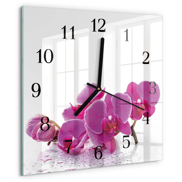 Vierkante glazen wandklok Orchidee