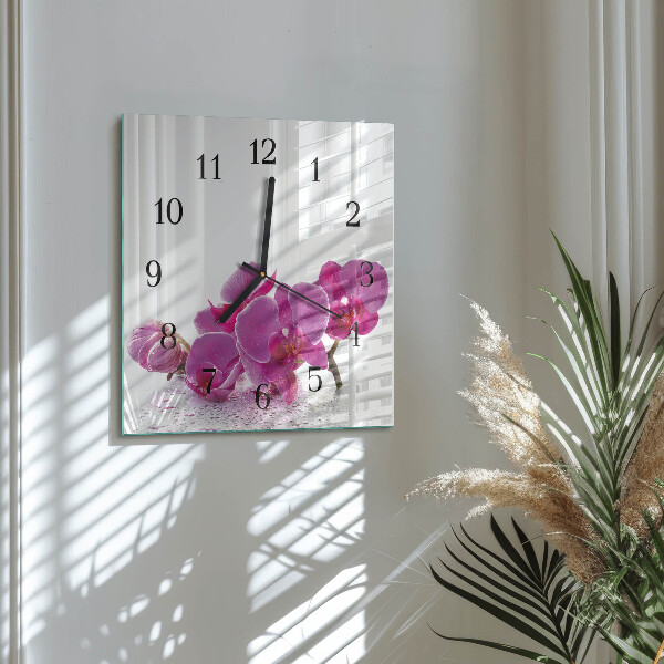 Vierkante glazen wandklok Orchidee