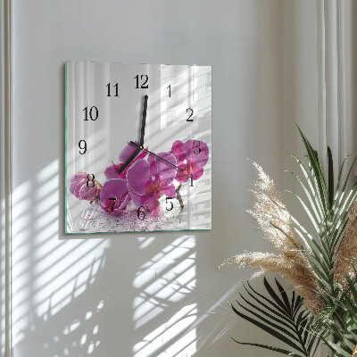 Vierkante glazen wandklok Orchidee