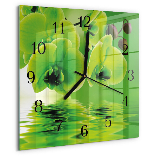 Vierkante glazen wandklok Orchidee